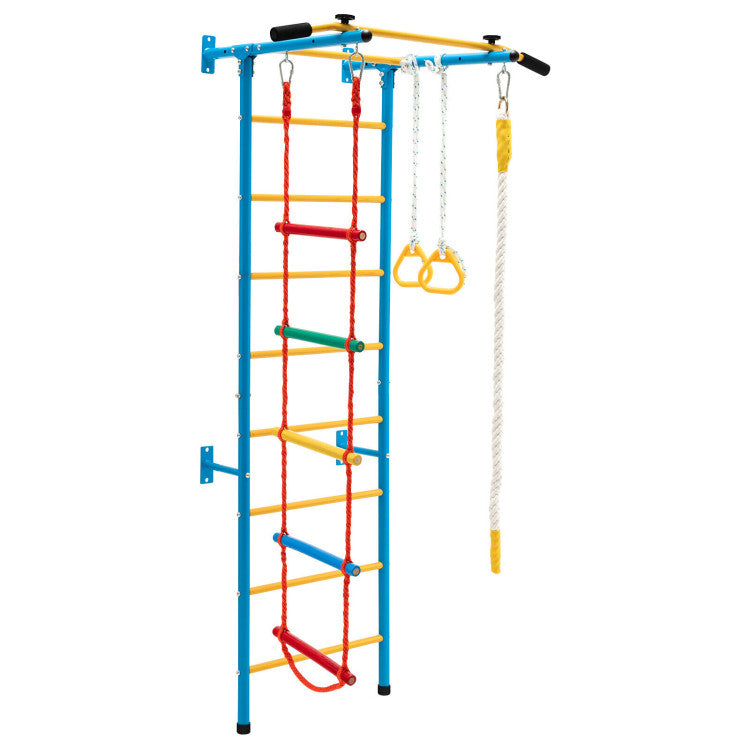 5-in-1 Swedish ladder with pull-up bar, rope ladder, and gymnastic rings, designed for solid wall installation.