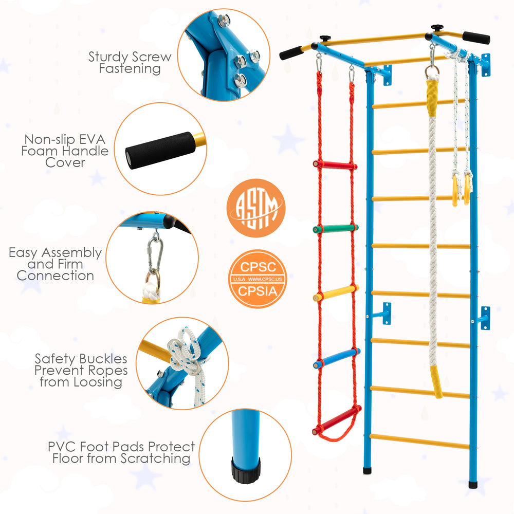 5-in-1 Swedish ladder with pull-up bar and rope ladder, featuring non-slip EVA foam and protective foot pads for safety.