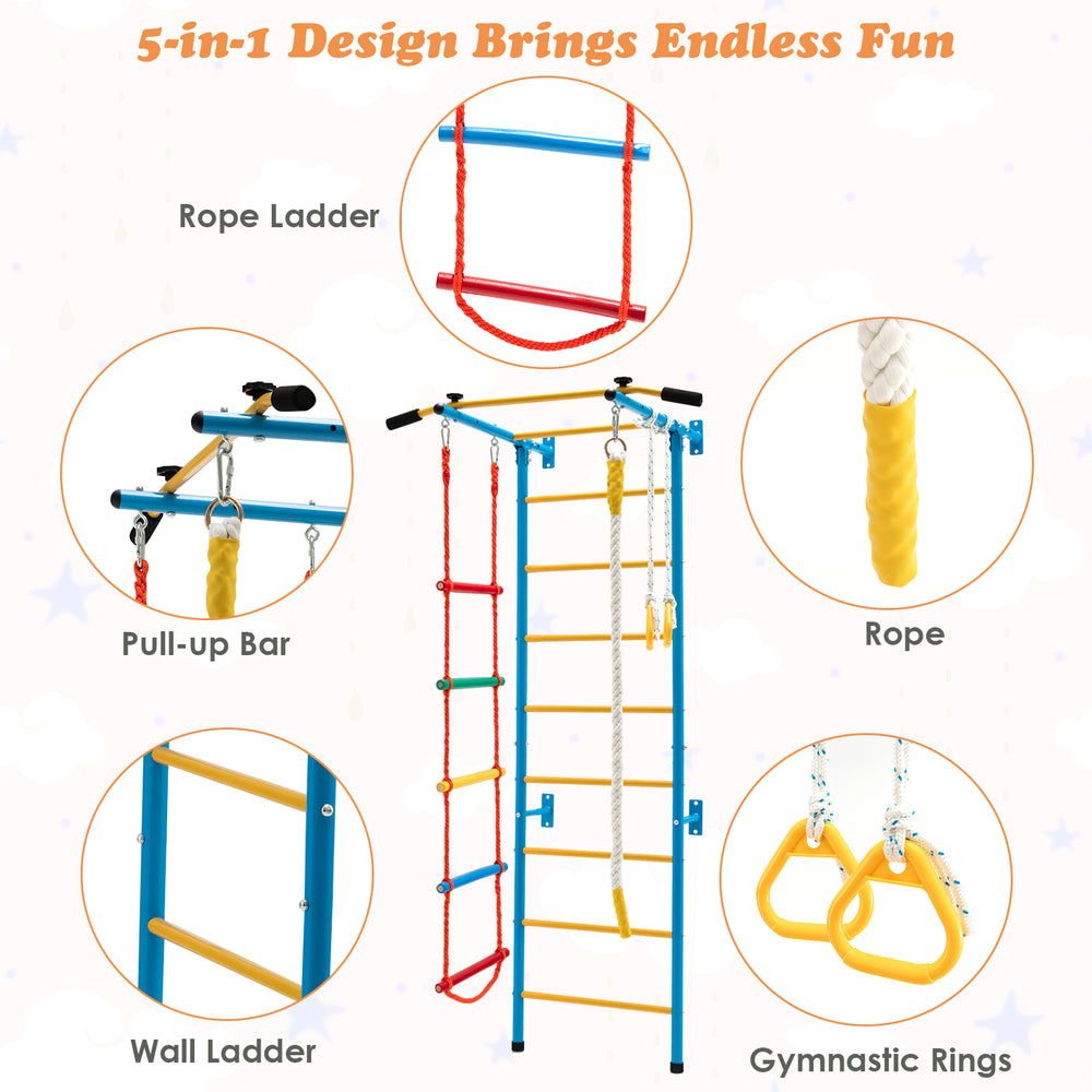 5-in-1 Swedish ladder featuring a pull-up bar, rope ladder, and gymnastic rings for active play and fitness.
