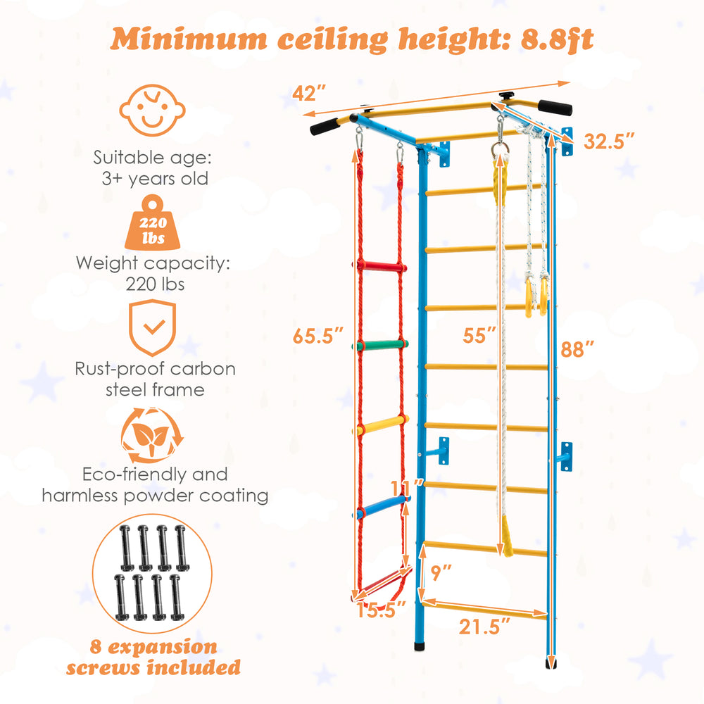 5-in-1 Swedish ladder with pull-up bar and gymnastic rings, made of rust-proof carbon steel, for active play and.