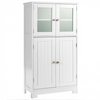 White glass door floor cabinet with adjustable shelves for versatile storage in laundry or bathroom settings.