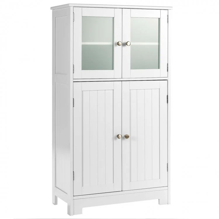 White glass door floor cabinet with adjustable shelves for versatile storage in laundry or bathroom settings.