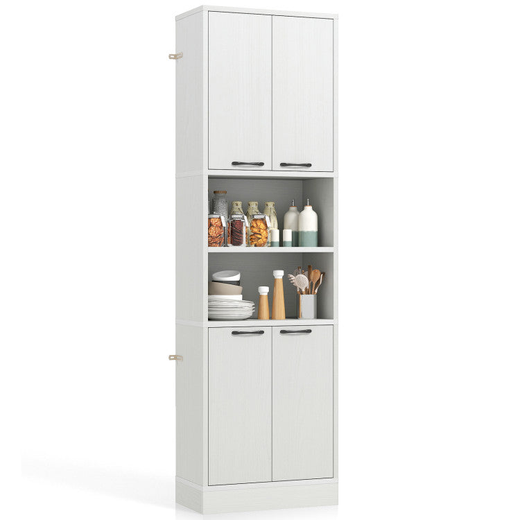 Tall white storage cabinet with adjustable shelves and doors, made of MDF for versatile organization in laundry or.