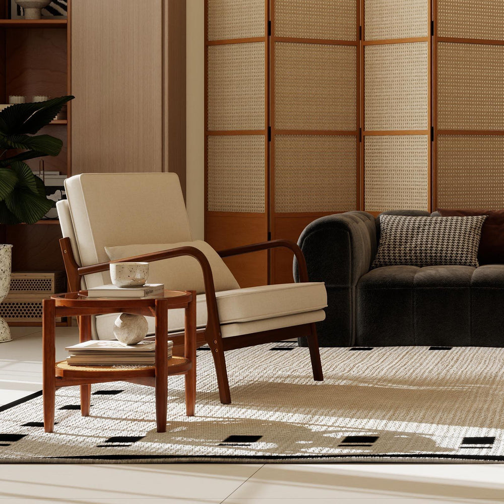 Single chair from the 3 Piece Rattan and Wood Living Room Set, featuring a light fabric seat and wooden frame for.