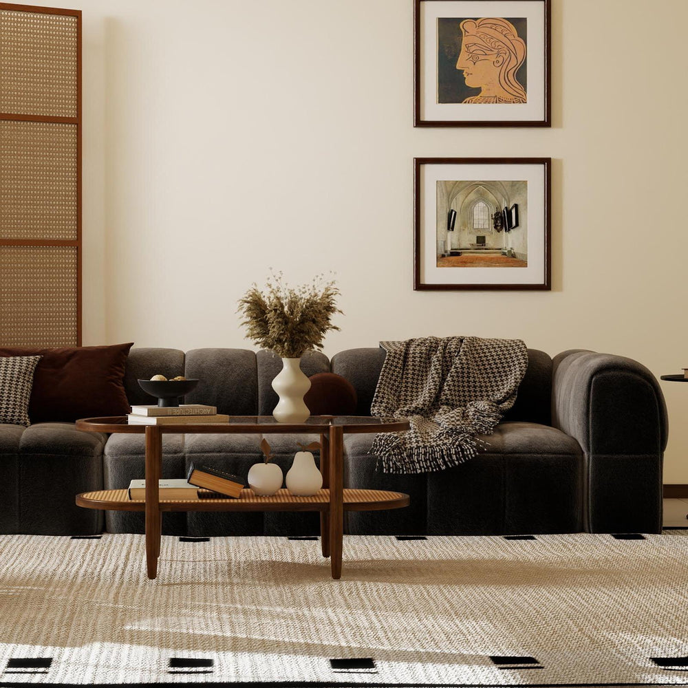 3-piece living room set featuring a side table, coffee table, and TV stand with rattan accents for stylish storage.