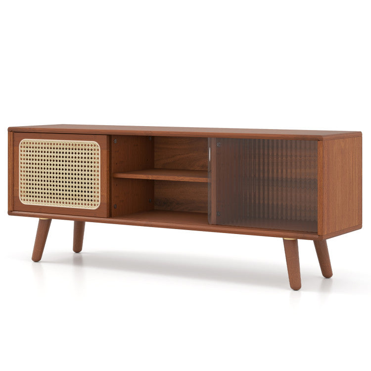 TV stand featuring rattan accents and sliding glass doors, part of a 3-piece wood living room set for stylish storage.