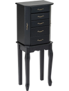 Free-standing black jewelry box with 4 drawers and 2 side doors, featuring a mirror under the top lid for ample storage.