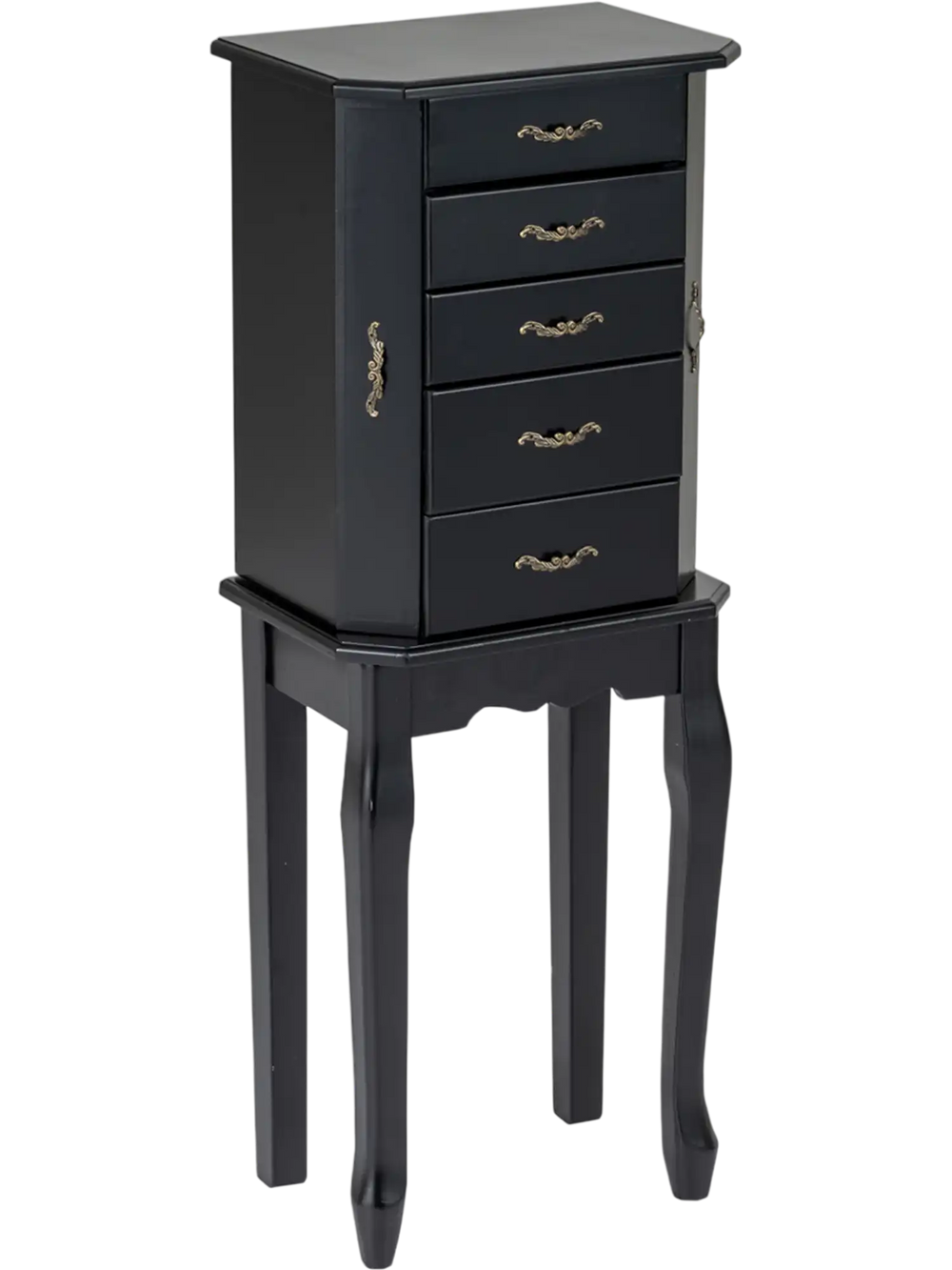 Free-standing black jewelry box with 4 drawers and 2 side doors, featuring a mirror under the top lid for ample storage.