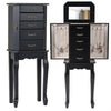 Standing jewelry box in black with 4 drawers and 2 side doors, featuring a mirror and ample storage for all types of.