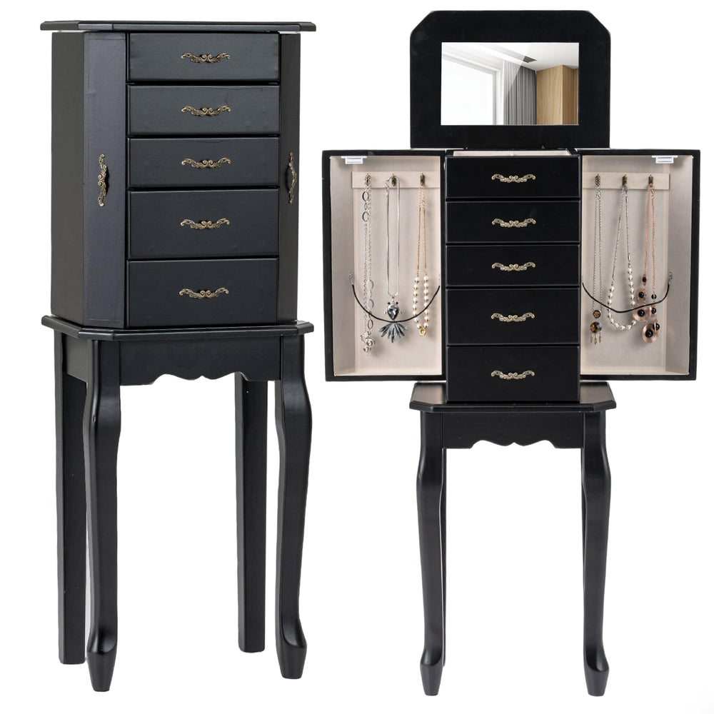 Standing jewelry box in black with 4 drawers and 2 side doors, featuring a mirror and ample storage for all types of.