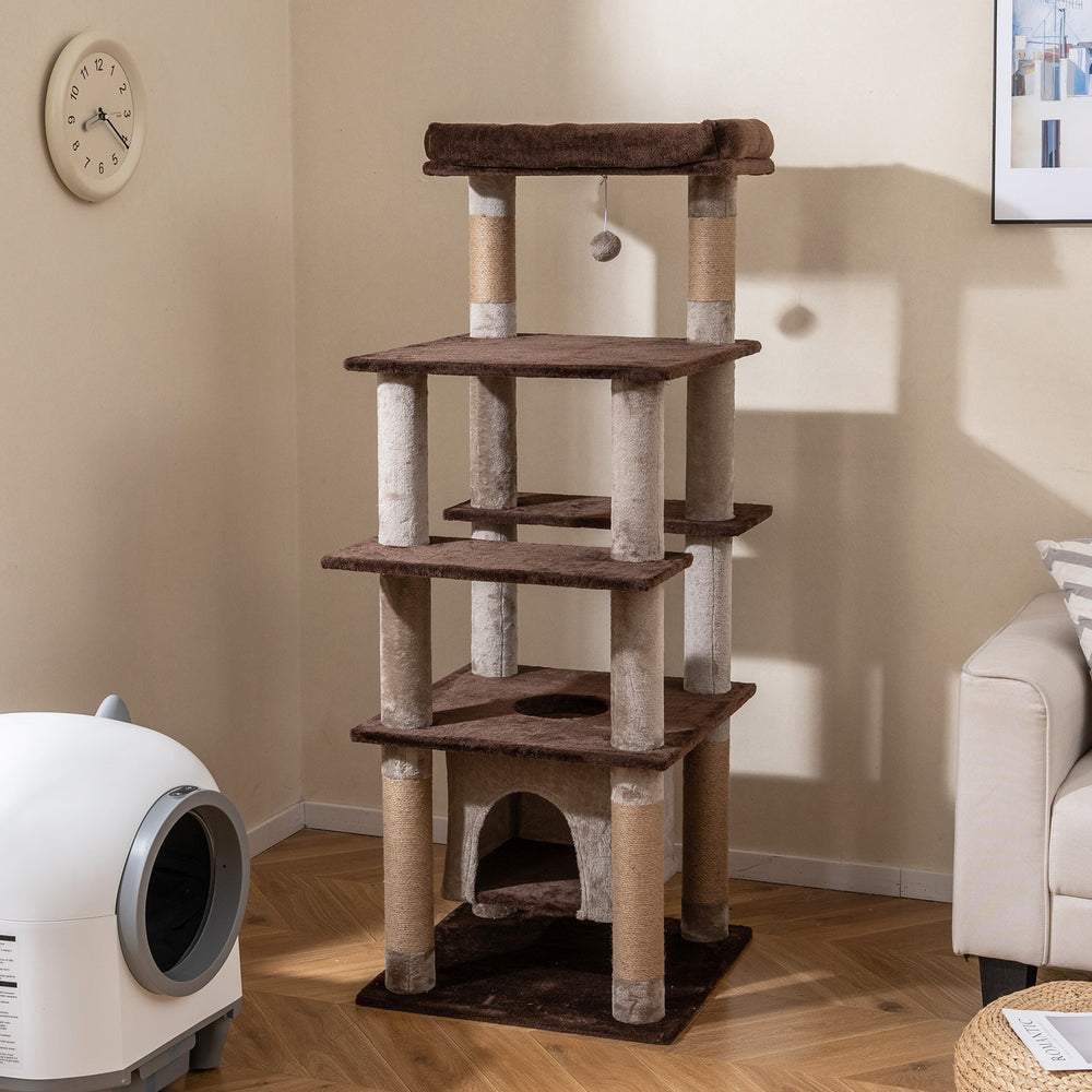 58 Inch Large Multi-level Cat Tree with Swaying Aerial Condo and Plush Perch Bed-Brown - Gallery View 1 of 10
