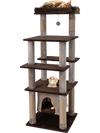 Multi-level cat tree with a cozy aerial condo and a dangling toy, designed for feline play and relaxation in brown.