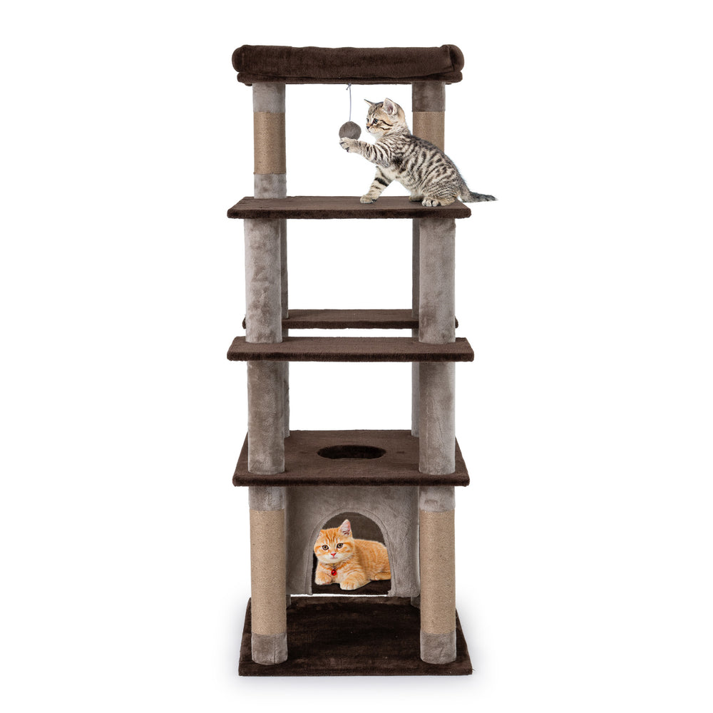 Multi-level 58-inch cat tree in brown with plush perch, swaying condo, and scratching posts for active play.