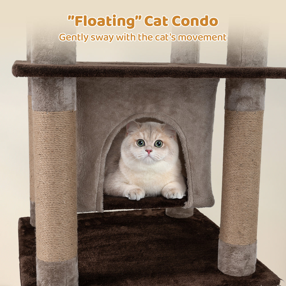 Large multi-level cat tree with swaying aerial condo and plush perch bed in brown, promoting cat well-being and play.