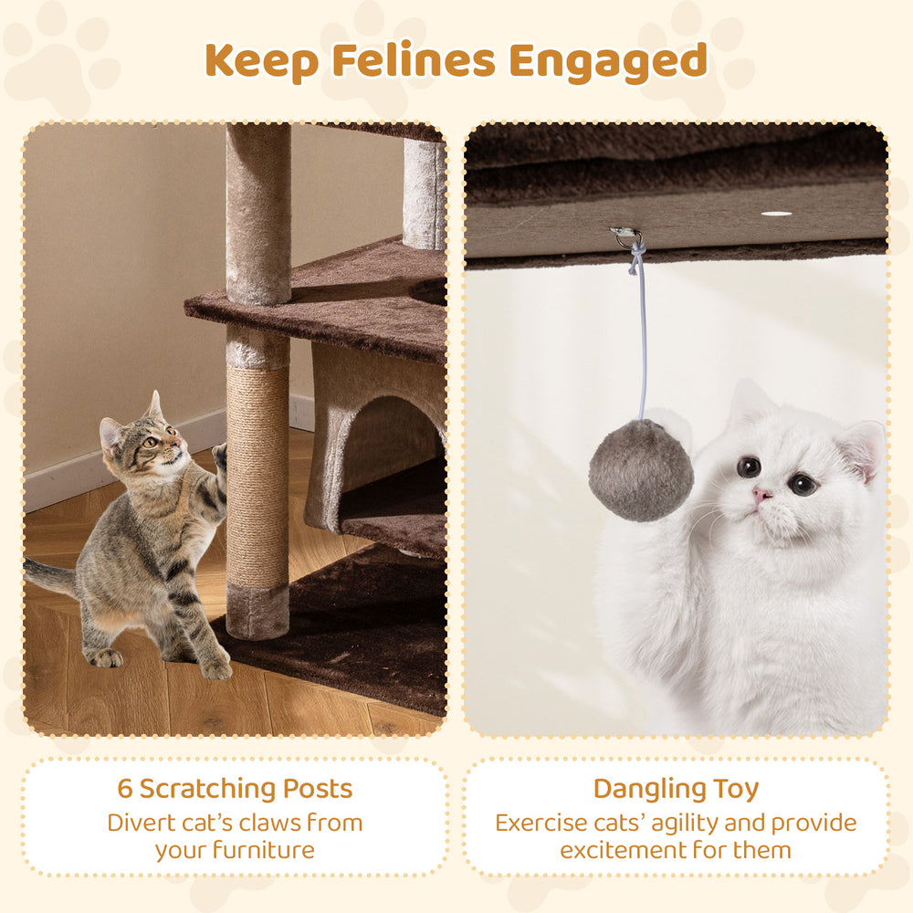 Multi-level cat tree with 6 scratching posts and a dangling toy, designed for feline agility and well-being in brown.