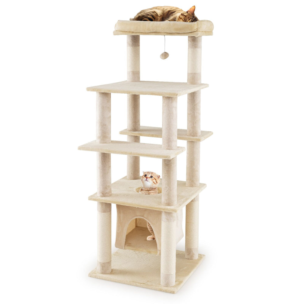 58 Inch Large Multi-level Cat Tree with Swaying Aerial Condo and Plush Perch Bed-Beige - Gallery View 1 of 1
