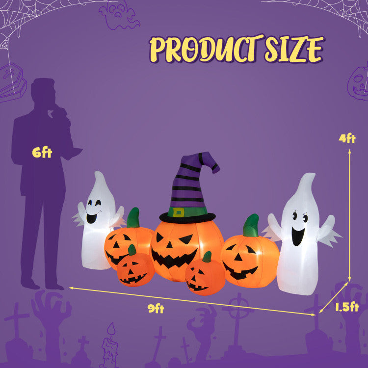 Life-size Halloween inflatable pumpkins and climbing zombie, 9ft wide, ideal for yard or haunted house decorations.