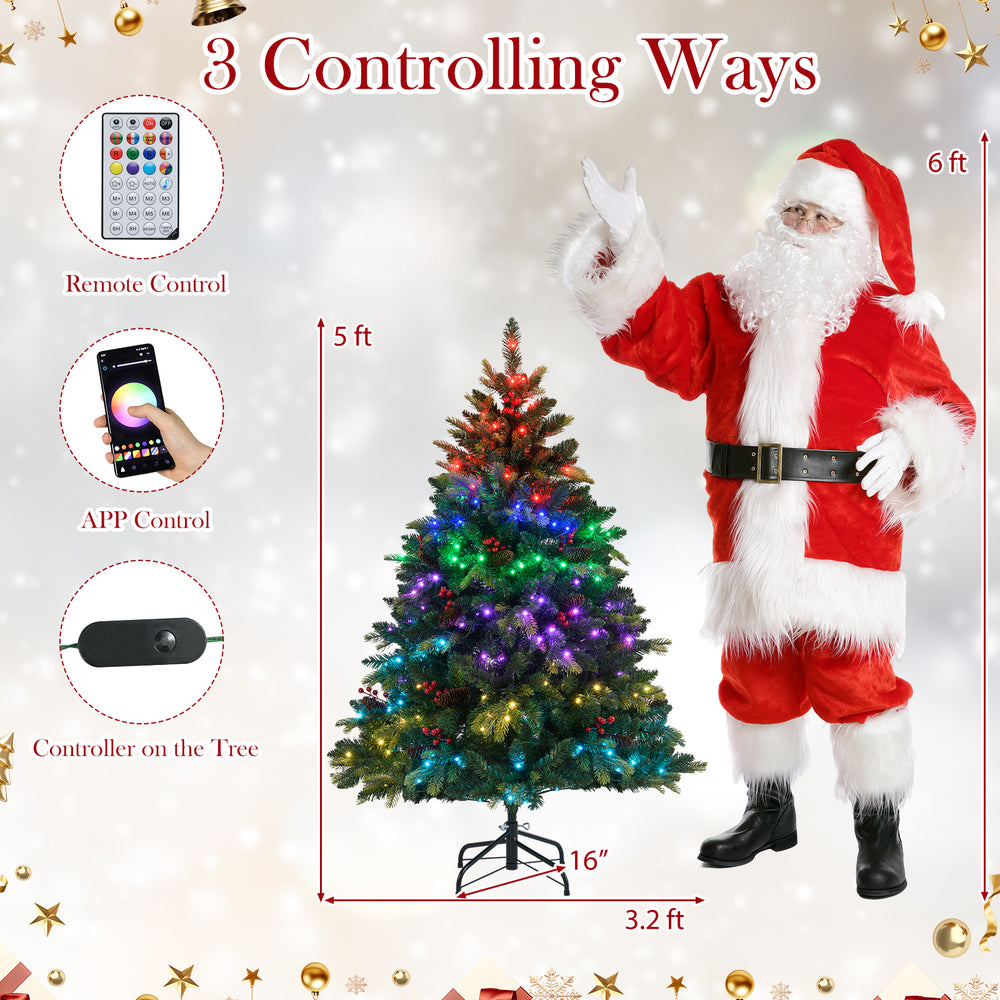 5 FT artificial Christmas tree with multicolored LED lights, remote and app control, ideal for festive decoration.