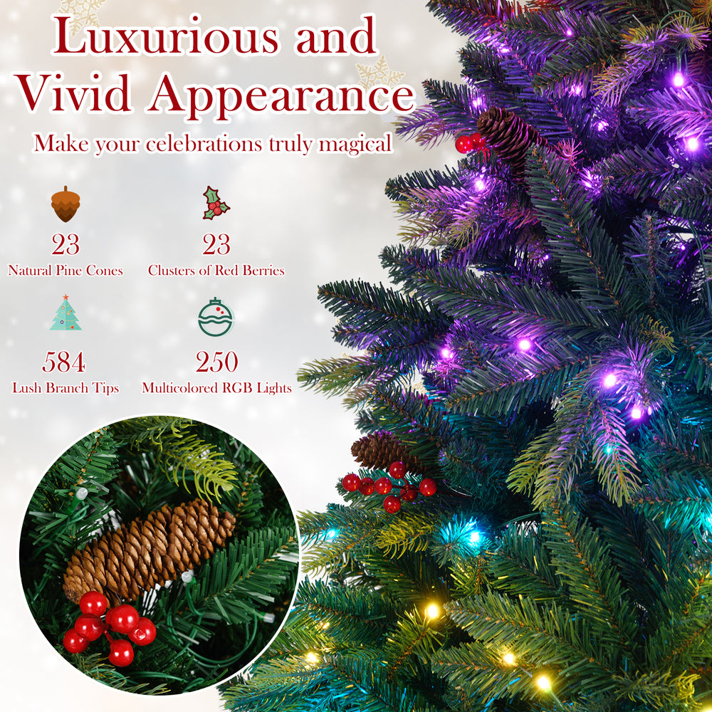 5 FT artificial Christmas tree featuring 250 multicolored RGB lights, 584 lush branch tips, and natural pine cones for.