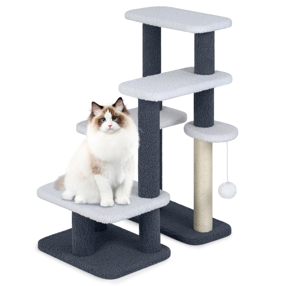 Cat tree tower with gray faux sherpa, featuring 4 platforms, scratching post, and a plush dangling ball for play.