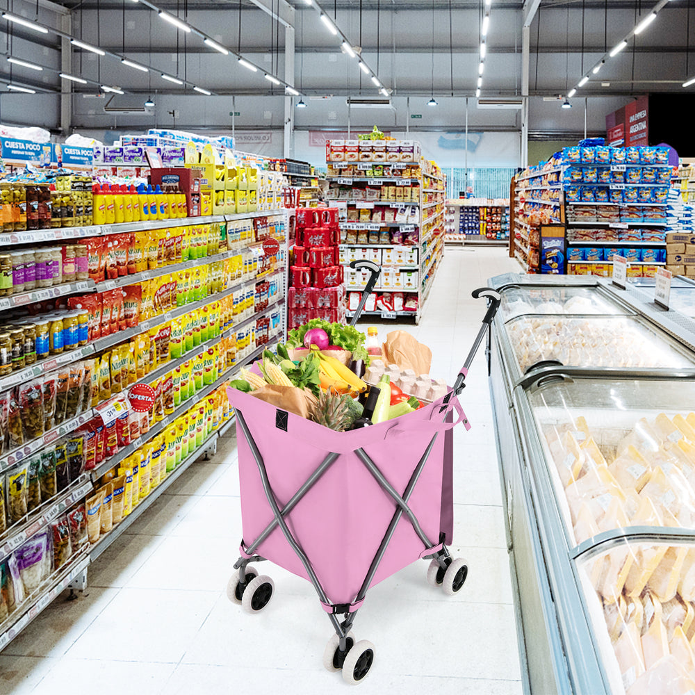 Folding Shopping Utility Cart with Water-Resistant Removable Canvas Bag-Pink - Gallery View 1 of 9