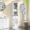 Tall white bathroom cabinet with barn door, adjustable shelves, and drawer for organized storage in any room.