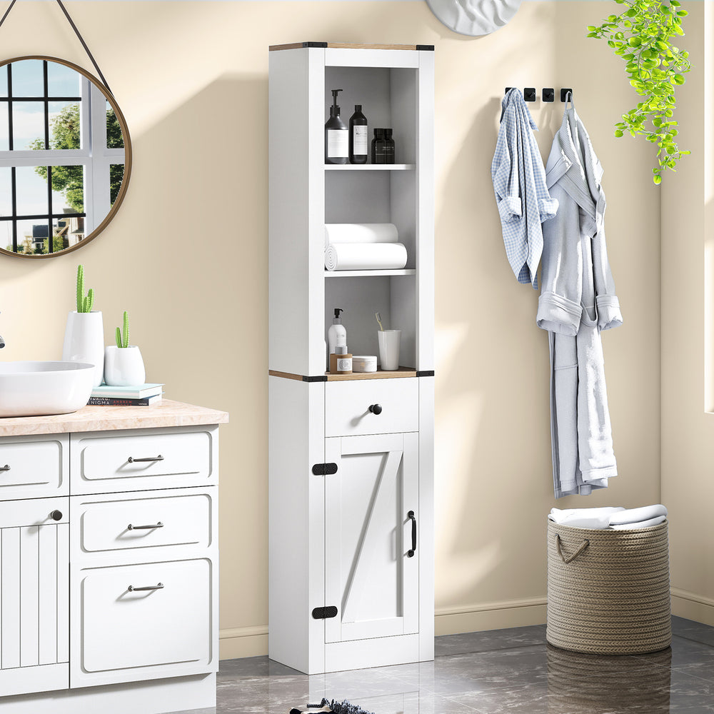 Tall white bathroom cabinet with barn door, adjustable shelves, and drawer for organized storage in any room.