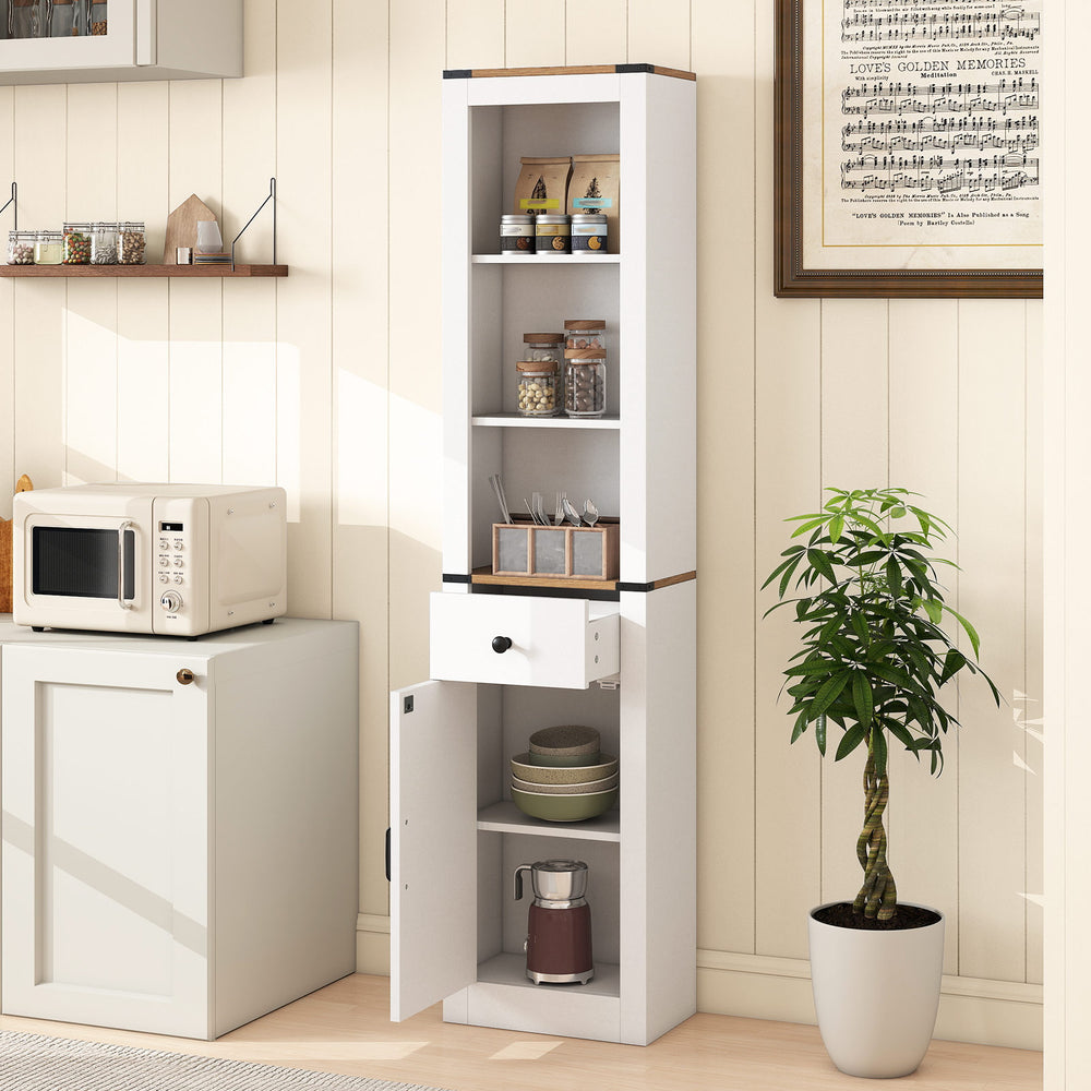 Narrow 68-inch tall white bathroom cabinet with adjustable shelves, drawer, and barn door for organized storage.