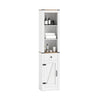 Narrow 68-inch tall white bathroom cabinet with barn door, adjustable shelves, and pull-out drawer for organized.