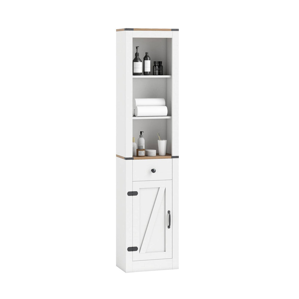 Narrow 68-inch tall white bathroom cabinet with barn door, adjustable shelves, and pull-out drawer for organized.