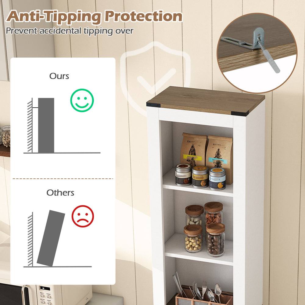 68-inch tall bathroom cabinet with anti-tipping protection, adjustable shelves, and pull-out drawer for organized.