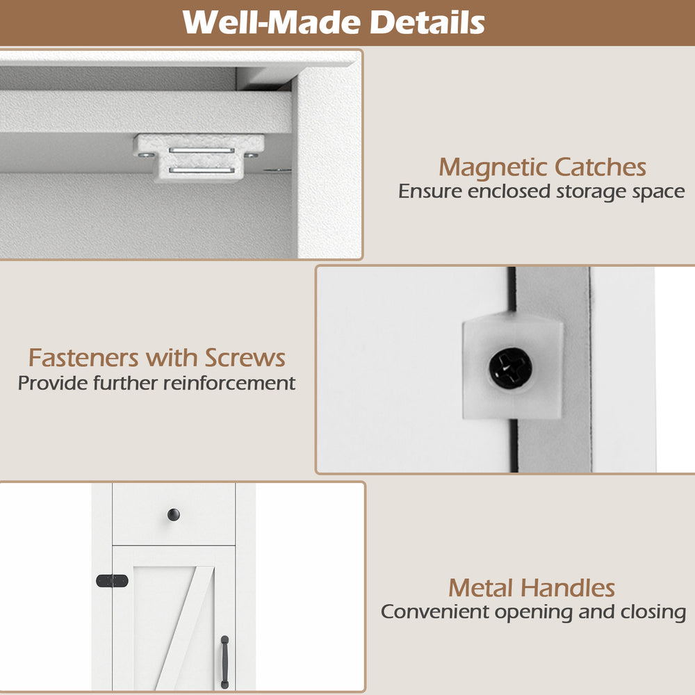 Close-up of the 68-inch tall bathroom cabinet's magnetic catches and metal handles for easy access and secure storage.