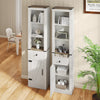 Detailed view of the 68-inch tall white bathroom cabinet with barn door, showcasing the pull-out drawer and metal.