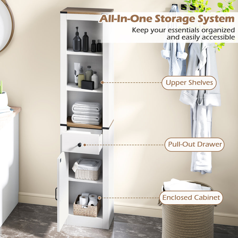Narrow slim bathroom cabinet with upper shelves, pull-out drawer, and enclosed cabinet for organized storage in white.