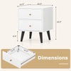 Mid-century modern nightstand with two drawers, golden knobs, and tapered legs for stylish bedside storage.