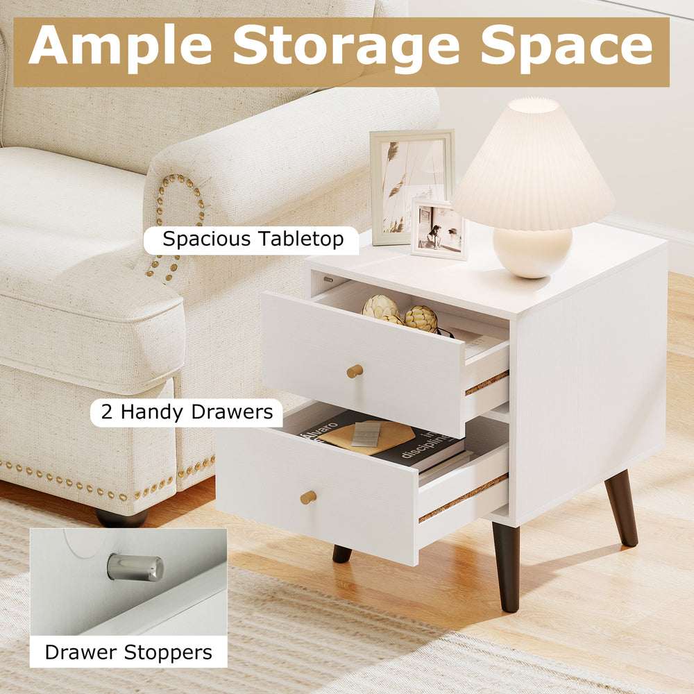 Mid-century modern nightstand with spacious tabletop, two drawers, and golden knobs for stylish bedroom storage.