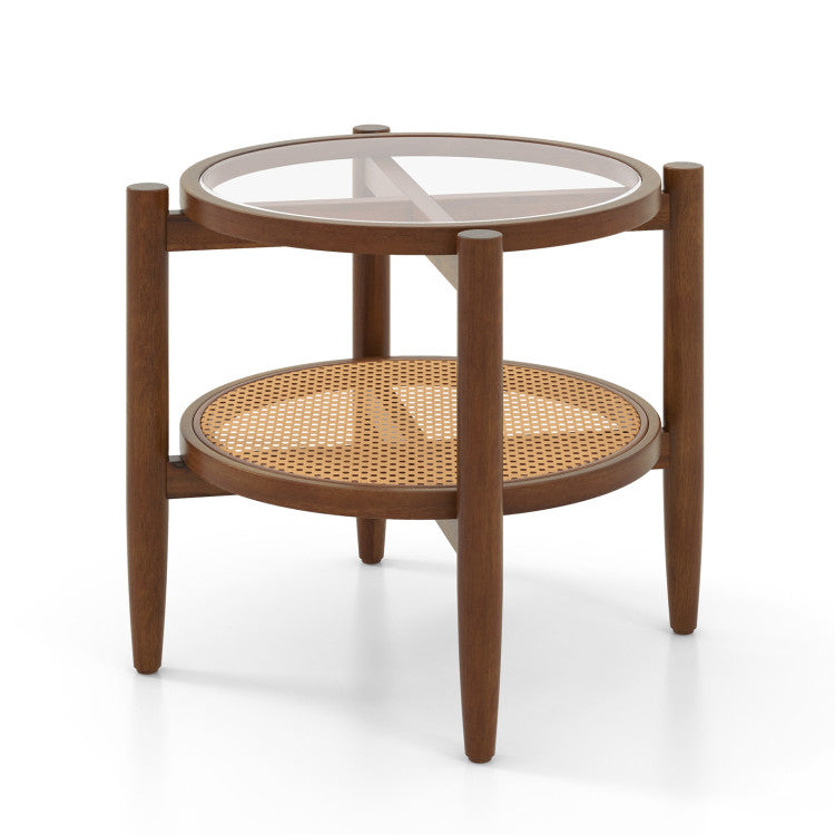 Round side table with tempered glass top and PE rattan detail, made of acacia wood, perfect for living room or balcony.