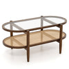 Coffee table with tempered glass top and PE rattan details, part of a 3-piece acacia wood living room set.