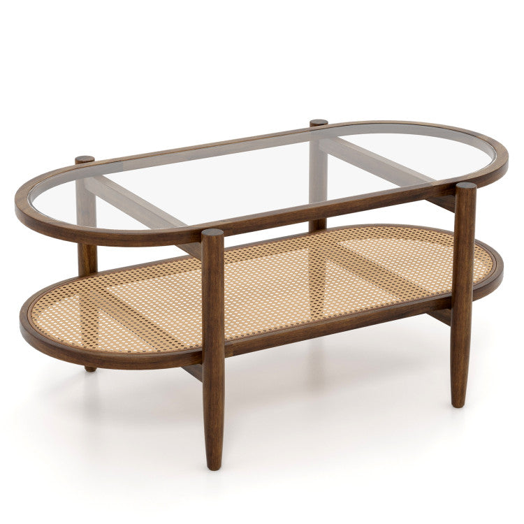 Coffee table with tempered glass top and PE rattan details, part of a 3-piece acacia wood living room set.