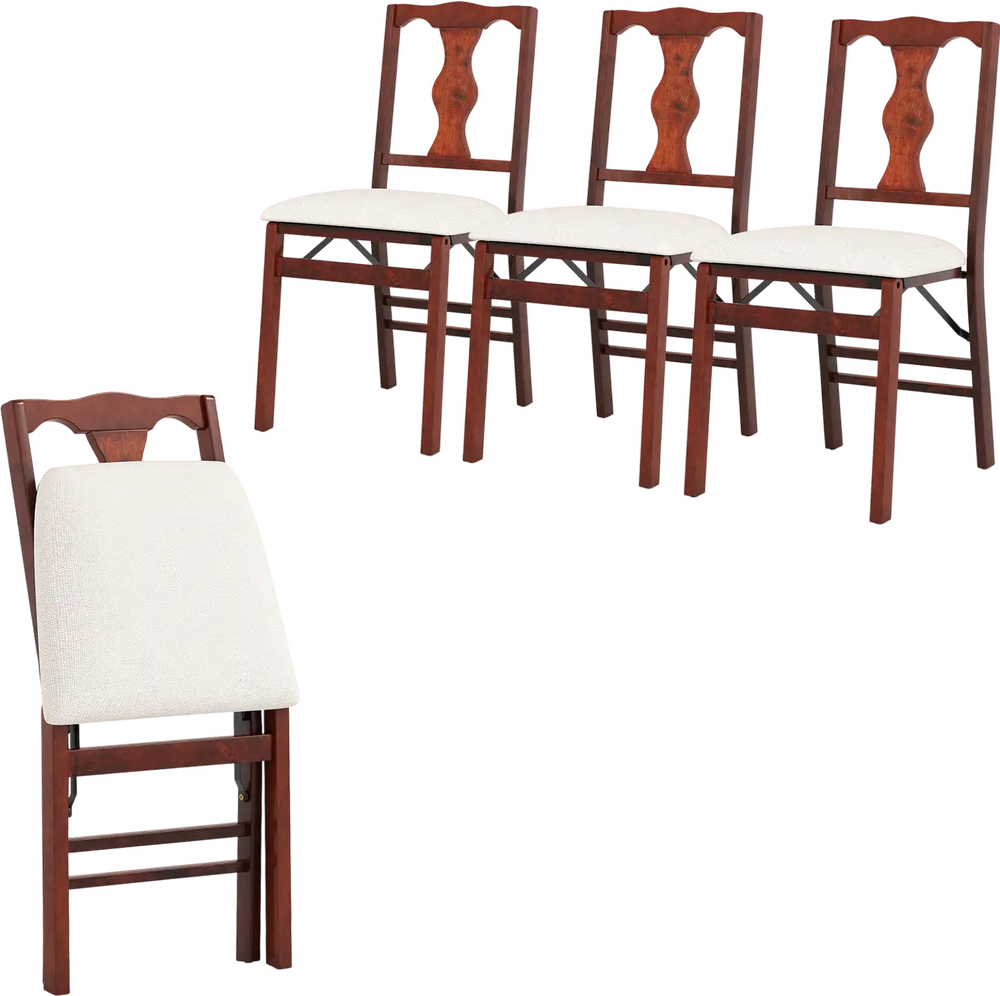 Set of 4 brown folding dining chairs with upholstered padded seats, ergonomic backrest, and sturdy rubber wood frame.