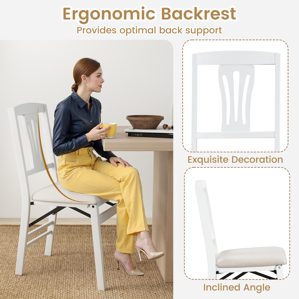 Folding kitchen chair with ergonomic backrest, white upholstered seat, and inclined angle for optimal comfort and.