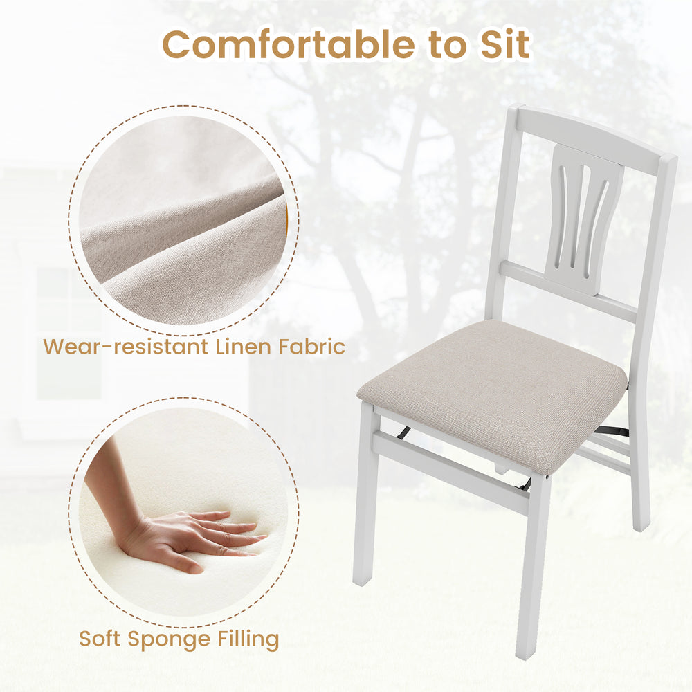 Folding kitchen chair with upholstered seat in white, featuring wear-resistant linen fabric and soft sponge filling for.