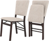 Tilted view of a single armless beige foldable dining chair with padded seat, perfect for compact storage in kitchens.