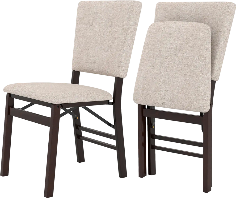 Tilted view of a single armless beige foldable dining chair with padded seat, perfect for compact storage in kitchens.