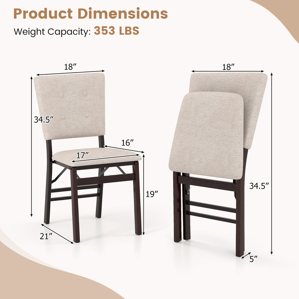 Foldable dining chair set of 2 with padded seat and tilt backrest, featuring beige linen fabric and rubber wood legs.