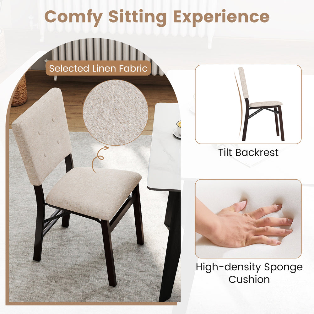 Beige foldable dining chair with padded seat, tilt backrest, and sturdy rubber wood legs for kitchen or dining use.