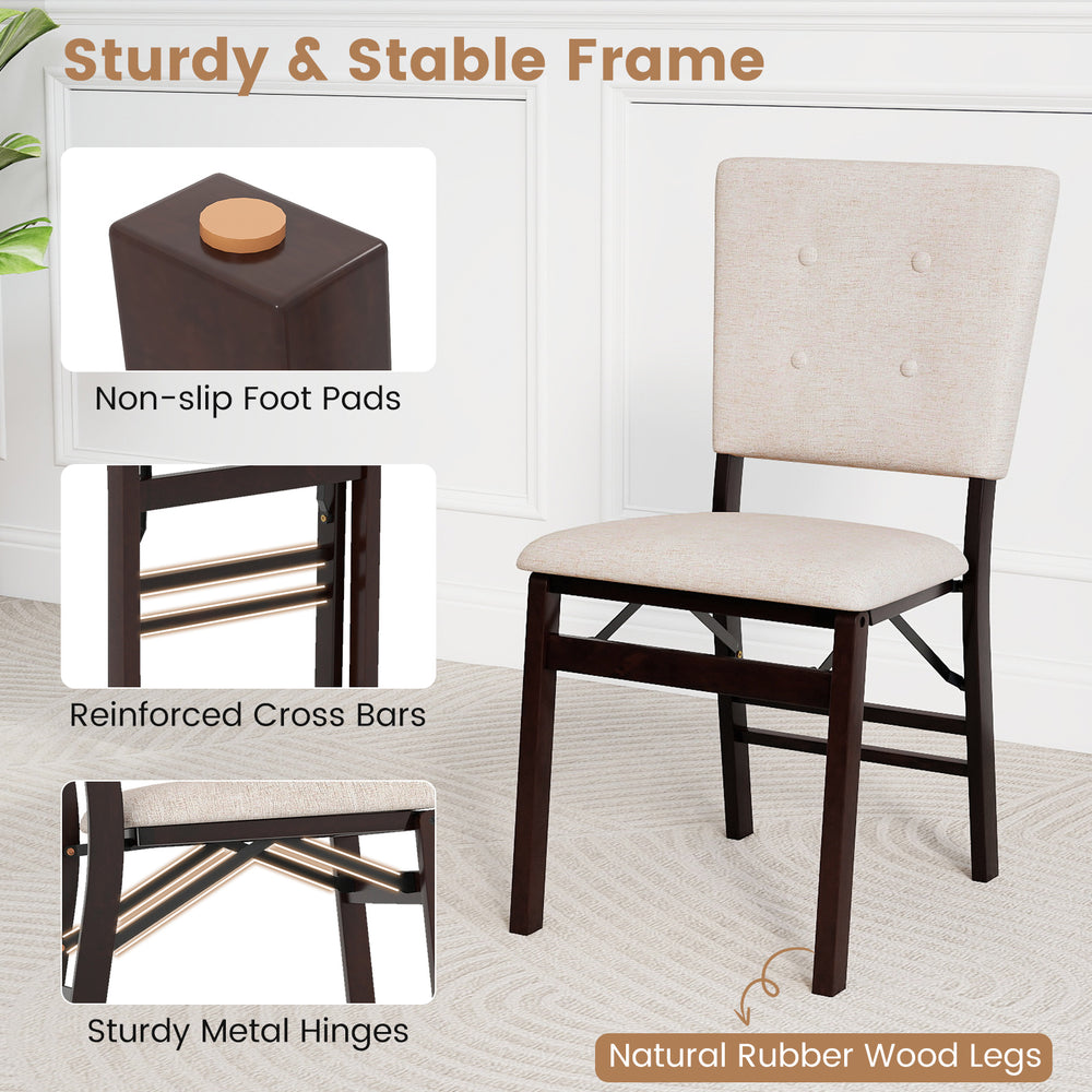 Beige foldable dining chair with padded seat, natural rubber wood legs, and non-slip foot pads for stability.