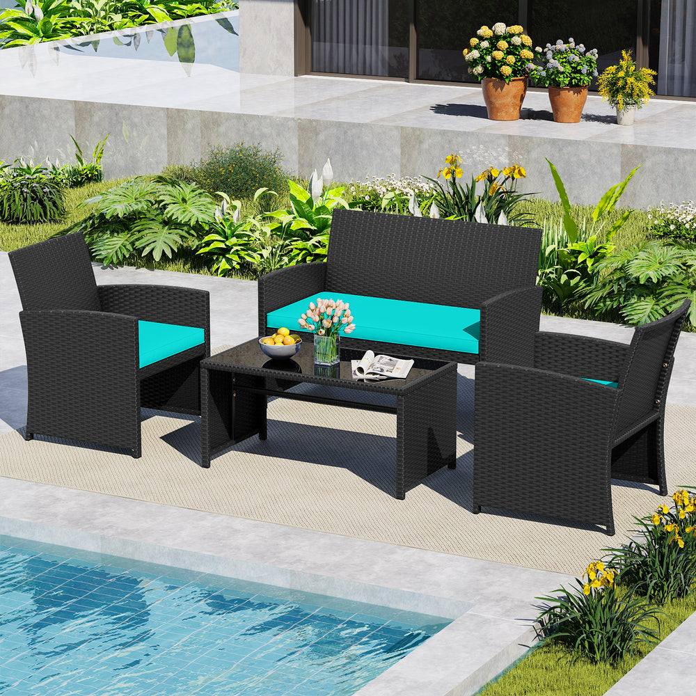 4 Pieces Patio Furniture Set with Tempered Glass Tabletop and Removable Cushion-Turquoise - Gallery View 1 of 11