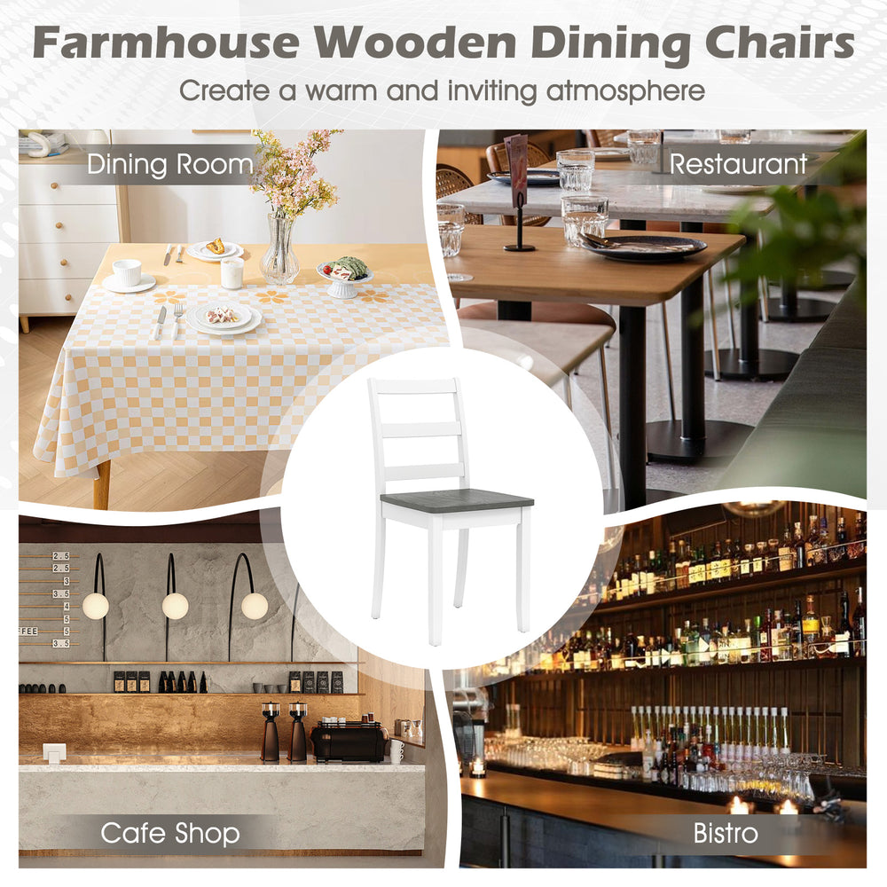 Gray wooden dining chair with solid rubber wood legs, featuring a ladder back design, ideal for dining rooms and.
