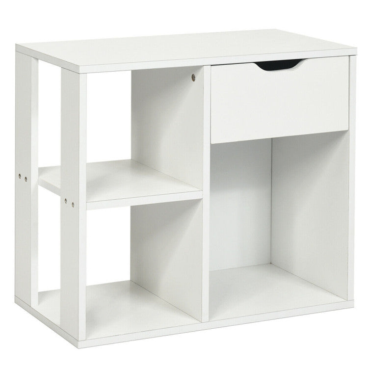 White side table with one drawer and open shelving, part of a modern 5-piece living room furniture set for compact.